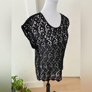 TRIBAL GOLD Black Lace Sheer Cap Sleeve Top Scalloped Hem Whimsigoth Coquette